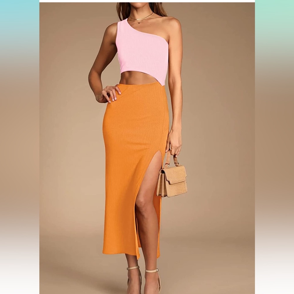 Pink queen women’s one shoulder, cut out maxi long dress. Medium
